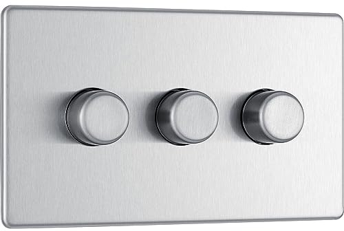 BG Electrical Intelligent Triple Wall Dimmer Switch, 2 Way, Screwless Front Plate, Premium Flatplate, Brushed Steel, 200W, FBS83