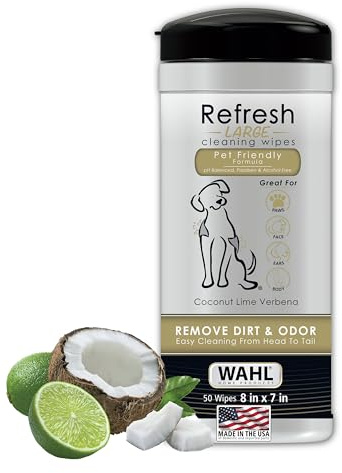 Wahl Refreshing Dog & Pet Cleansing Wipes, 50 Wipes, Coconut Lime | Large Cleaning Wipes For Dog Ears, Nose, Paws, Bottom And Sensitive Areas, No Bath Or Rinsing Required – Model 820017A