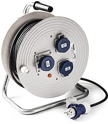 FAMATEL – Avvolgicavo industriale 3 prese | IP67 | 30 metri | TT | 16A | 250V | Spina TT-16A-250V | Cavo neoprene | 3x2,5 | Interruttore
