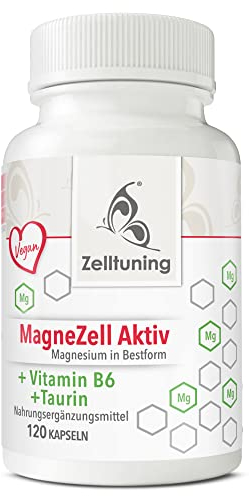 Magnesium Hochdosiert Kapseln - MagneZell Aktiv, Magnesium Komplex Vegan - 120 Magnesium Pulver Kapseln, Mit Vitamin B6 und Taurin - Zelltuning Magnesium Ohne Zusatzstoffe aus Deutschland