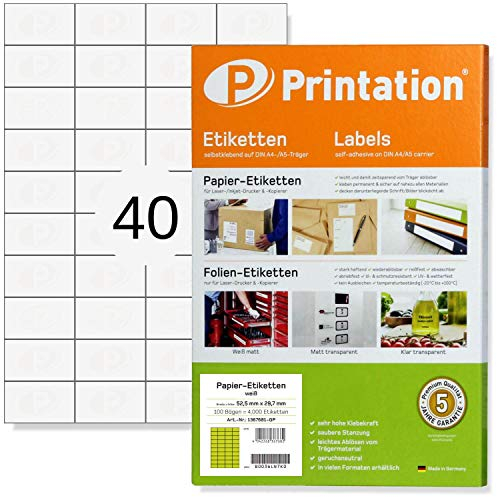 Printation Etiketten Selbstklebend Bedruckbar 52,5 x 29,7 mm, 4000 Aufkleber, 40 Pro A4 Bogen 4x10, 100 Blatt, Amazon FBA Etiketten für Laser und Injekt Drucker - Universal, Blanko, Papier, Weiß