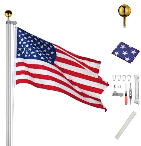 Yeshom 20ft Aluminum Sectional Flagpole Kit 3'x5' US American Flag Gold Ball Kit Hardware Garden Outdoor Halyard Pole