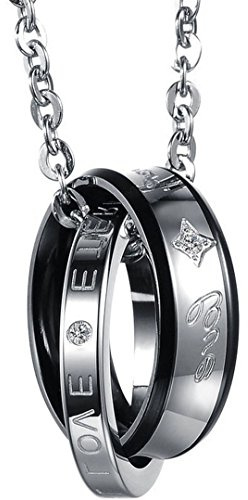 Flongo Acier Inoxydable Pendentif Collier Forever Love Argent Noir Anneau Amour Valentine Couple His Homme Chaîne 50cm