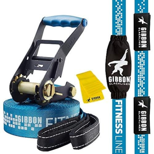 Gibbon Slacklines, Fitness Line, blu, 15 metri (12,5 m slackline + 2,5 m di fettuccia slackline con cricchetto cucito) con cricchetto con protezione e blocco di sicurezza, larghezza 2/5 cm
