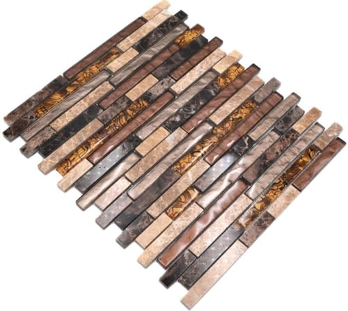 Mosaik Verbund Crystal/Marmor mix beige/braun Glas Naturstein Fliesenspiegel, Mosaikstein Format: 15x48/98/148x8 mm, Mattengröße: 298x338 mm, 1 Matte