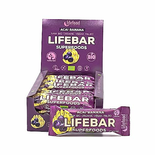 lifefood Lifebar Superfoods - Acai & Banane Energieriegel, Rohkost, Vegan, Bio, Glutenfrei, Ohne Zuckerzusatz, Biologisch angebaut - 15er Pack (15 x 47g)