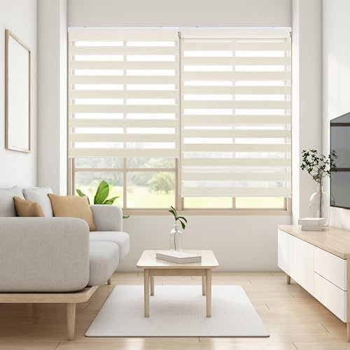 Blindecor Lira doppelrollo - duo rollo tag und nacht Leinen Cremefarben - 120 x 250 cm (Breite x Länge) | Stoffgröße 117 x 245 cm | Fensterrollo zebra