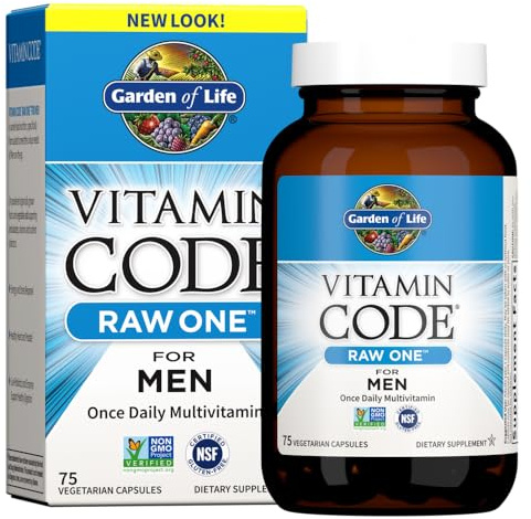 Garden of Life Vitamin Code Raw One for Men, Once Daily Multivitamin, 75 Capsules, One a Day Mens Vitamins Plus Fruit, Veggies & Probiotics for Mens Health, Vegetarian Multivitamins