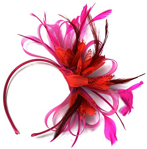 Caprilite Fuchsia Hot Pink and Red Net Hoop Feather Hair Fascinator Headband Wedding Royal Ascot Races
