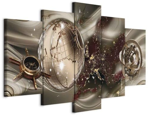 B&D XXL - Leinwandbild Abstrakt Planet Kompass, 200x100 cm, 5-teilig | Hochwertige Leinwand, sofort aufhängbar, ideal fürs Wohn- oder Schlafzimmer, wasserfest und lichtecht, langlebig, stilvoll