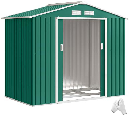 Outsunny Casetta da Giardino 2.5m² Basamento 213x130x185 cm Verde Scuro | Acciaio Zincato, Prese d'Aria, Capanno Porta Attrezzi, Tetto Inclinato, Doppie Porte Scorrevoli Bloccabili
