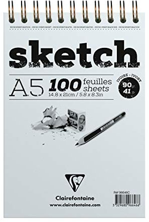 Clairefontaine 96646C - Skizzenblock mit Doppelspirale Sketch-Papier 90g, DIN A5, 14.8 x 21 cm, 100 Blatt, feinkörnig, abtrennbar, Elfenbein, 1 Stück