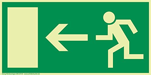 Schild Notausgang Pfeil links langnachleuchtend 297x148mm PVC selbstklebend gemäß BGV 8A (Fluchtwegschild Notausgang Rettungszeichen Rettungsweg Rettungsschild)