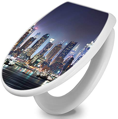 banjado Toilettendeckel mit Absenkautomatik 44,5x37cm / WC Brille Soft Close/hygienischer Toilettendeckel/Klodeckel Duroplast Edelstahl Scharniere einfache Montage/Motiv New York