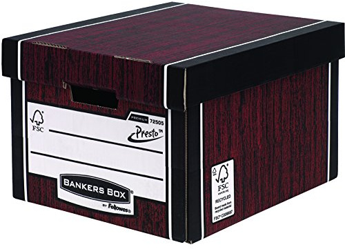 BANKERS BOX 10 Premium Classic Storage Box with Lids - Cardboard Storage Box with Lids for Office Storage - Archive Boxes with Handles - W33 x H25.4 x D38.1cm (Pack of 10) - Woodgrain