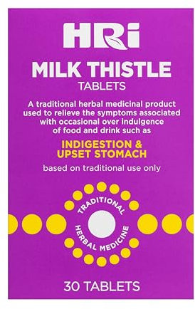 HRI Milk Thistle 30 Tablets - to Relieve Symptoms Associated with Over Indulgence of Food and Drink Such As Indigestion and Upset Stomach. 300 mg of Milk Thistle Extract. 1 Pack