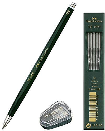 Faber Castell - Lápiz de plomo TK 9400, grosor de la mina: 2 mm, dureza: HB + minas de repuesto y sacapuntas
