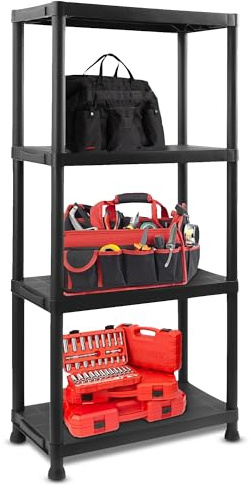 ASAB 4 Tier Heavy Duty Plastic Shelving Shelves | Strong and Durable Rack Racking | Storage for Home, Workshop, Office, Warehouse | 131 x 60 x 30cm | Weatherproof | Easy Assembly – BLACK