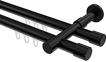 INTERDECO Innenlauf-Gardinenstange 20 mm 2-läufig, moderne Innenlaufstange aus Metall, Schwarz, zur Wandmontage, Typ 10213126, 240 cm
