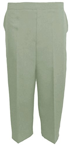 MyShoeStore Pack of 2 Women's Three Quarter Cropped Trousers Half Elasticated Waist Straight Leg Bi-Stretch Polyester Capri Summer Pants Sage Green Size 26