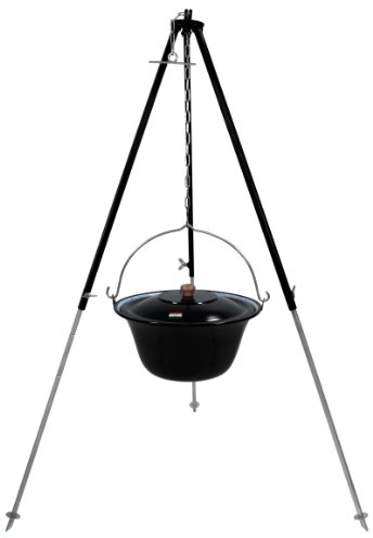 GRILLPLANET Original ungarischer Gulaschkessel 10 Liter emailliert | Dreibein-Gestell 130cm Teleskopgestell Kettenhöhenverstellung mit Gulasch-Topf, Suppentopf mit Deckel | Kesselgulasch Topf im Set