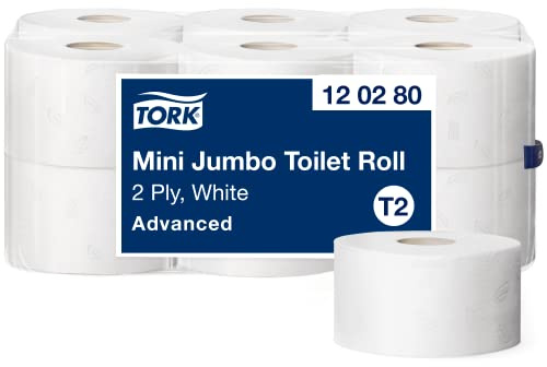 Tork 120280 Rotoli Carta Igienica Mini Jumbo Advanced, compatibili con sistema T2, 2 veli, 1 conf. x 12 rotoli (12 x 170 m), 850 strappi x rotolo, bianco