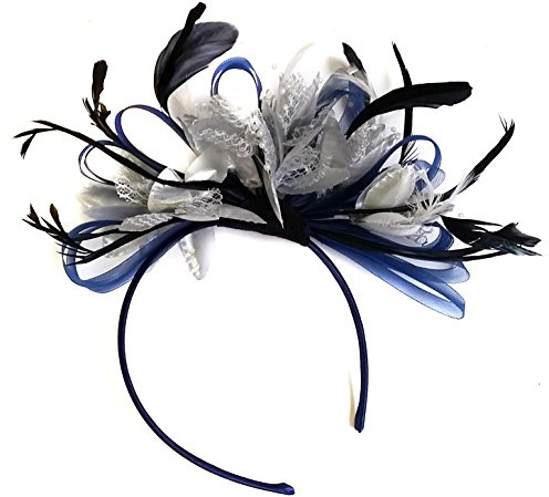 Damen-Fascinator-Haarreif, für Hochzeit und Pferderennen, mit Federn, Marineblau / Silber