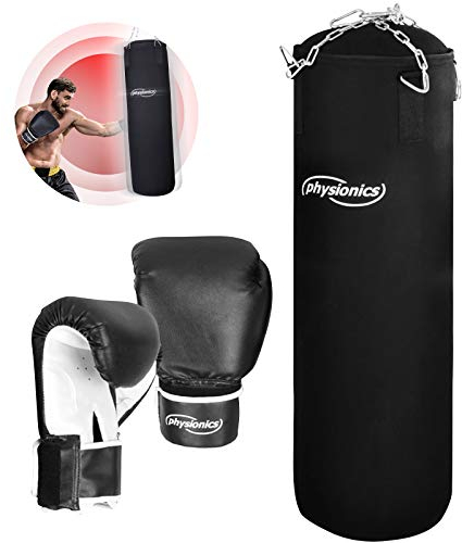 Physionics® Boxsack Set - mit Boxhandschuhen, Gefüllt, 25 kg, H100cm, Vierpunkt-Stahlkette - Erwachsene Punchingsäcke, hängend Boxen Sandsack, Punching Bag für Kickboxen, MMA, Kampfsport, Muay Thai