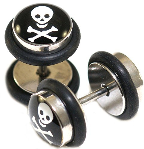 Fake Cheater Faux Illusion Ear Plugs 16G Look 0G 8mm Skull & Cross Bones