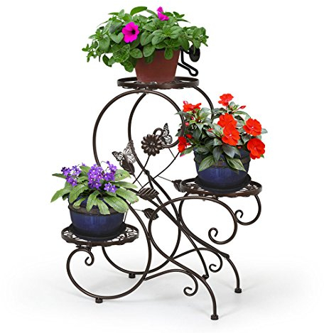 HLC-Bronze Porte Pot Pots Plante Fleurs 3 Etagere Support Jardin en Metal Fer