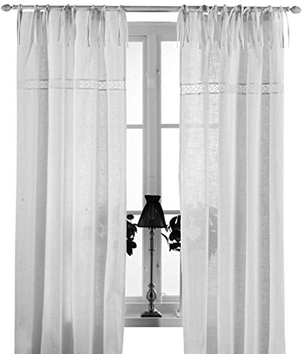 Gardinenschal Vorhang 'San' 2er Set 120 x 240 cm (BxH) bestickt mit Spitze weiß OFFWHITE Baumwolle Landhaus Shabby French Vintage Retro Antik Nostalgie