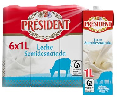 Président - Leche Semidesnatada de Bienestar Animal - Brik UHT Pack 6 x 1L | Leche UHT semidesnatada de granjas de bienestar animal. Formato brik. Pack 6 unidades de 1 litro.