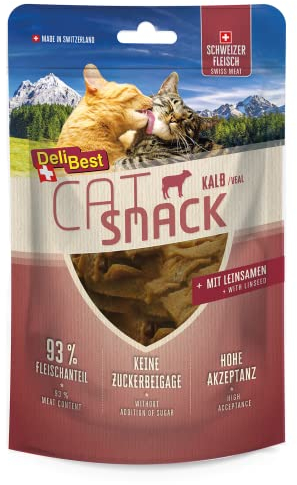 DeliBest Cat Snack aus 100% Schweizer Kalbfleisch I Katzen Leckerlies getreidefrei I halbfeuchte Leckerlies leicht verdaulich I Katzen Snack für Fellglanz I Allergiker geeignet 45g