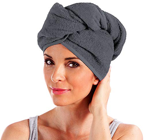 Erwin Müller Turban, Haarturban mit Knopf anthrazit Größe 28x70 cm - auch als Kinderturban geeignet 100% Baumwolle, saugstark, Stabiler Halt - (weitere Farben)