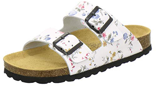 AFS-Schuhe 2100, Bequeme Damen Pantoletten echt Leder, praktische Arbeitsschuhe, Hausschuhe, Handmade in Germany (39 EU, Weiss/Flower)
