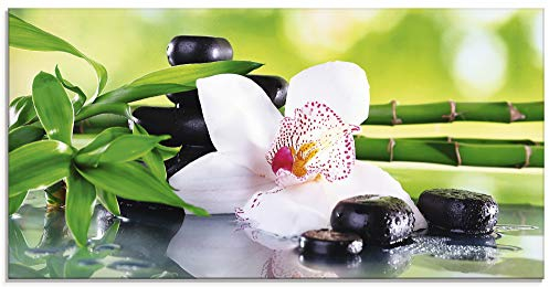 ARTland Wanddeko Glasbilder Wandbild Glas Bild einteilig 100x50 cm Querformat Asien Wellness Zen Spa Blumen Blüten Orchideen Pflanze Steine Bambus T9IQ
