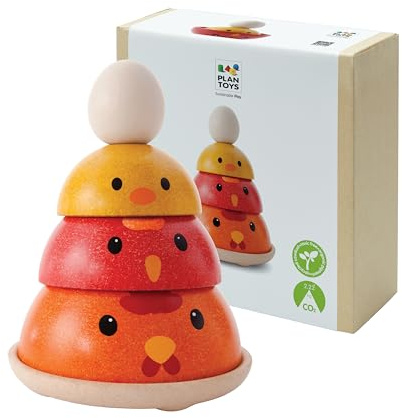 PlanToys Stapelturm Hühnernest - Stapelturm Baby aus Holz - 5-teiliges Stapelspielzeug - Motorikspielzeug ab 1 Jahr - Holzspielzeug Geschenke