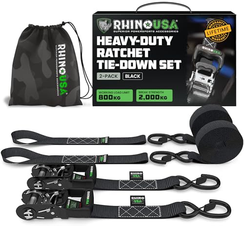 Hino USA Kit Correas de Amarre Servicio Pesado (Paqeute de 2) 4cmx2,4m (2000kg de Resistencia a la Rotura) - Cinchas Fijación Últimas con Ganchos de Seguridad para Camionetas, ATV, UTV, Motos-Negro