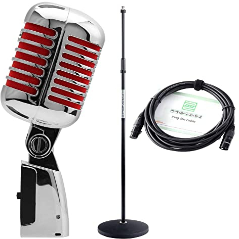 Pronomic DM-66R Dynamisches Mikrofon Set - Vocal-Mikrofon für Sprache und Gesang - Klassisches Vintage Rockabilly Design - Sparset inklusive Mikrofonstativ und XLR-Kabel - Silber/Rot