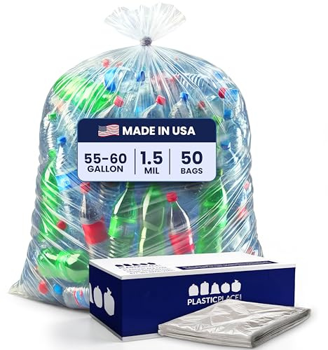 Plasticplace 55-60 gallon Trash Bags │ 1.5 Mil │ Clear Heavy Duty Garbage Can Liners │ 36” x 58” (50 Count) (T55415CL)