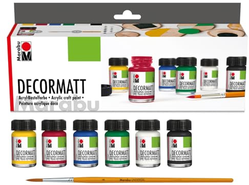 Marabu 1401000000087 - Decormatt Acryl Starterset, samtmatte Acrylfarbe auf Wasserbasis, cremig und farbintensiv, speichelfest, wetterfest, zum freien Malen und Schablonieren, 6 x 15 ml Farbe + Pinsel