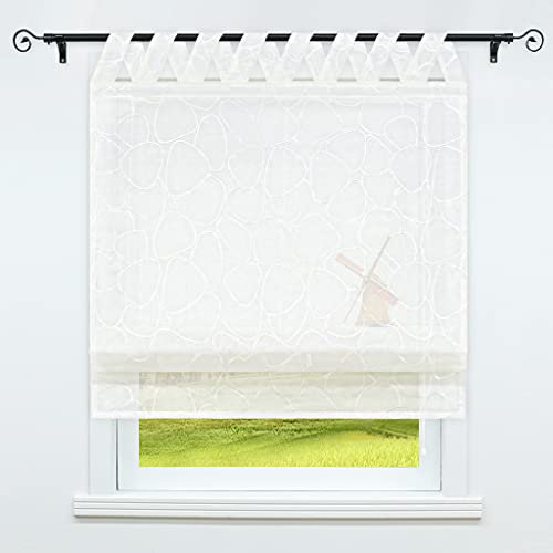 CORLIF Viole Raffrollo mit V-Schlaufen Transparente Raffrollo Leinenoptik Küchenvorhänge Schlaufenrollo Blinds Kreisestickereien Modern Weiß BxH 80x140cm 1 Stück