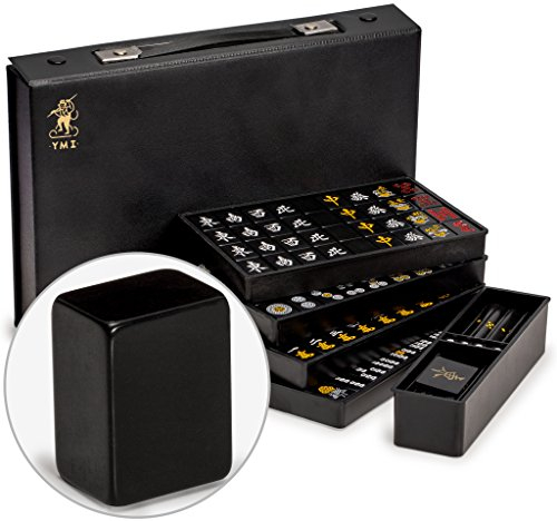 Yellow Mountain Imports Japanisches Riichi Mahjong-Set - Schwarze Standardgröße Kacheln und Vinylhülle - mit Ostwind-Kachel, Satz Scoring-Sticks und Würfeln