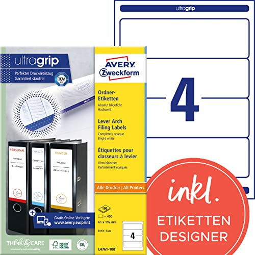 Avery Zweckform L4761-100 Folder Labels for Wide Folders Short e.g. for Leitz Elba Mehle Bene Biella 192 x 61 mm 100 Sheets
