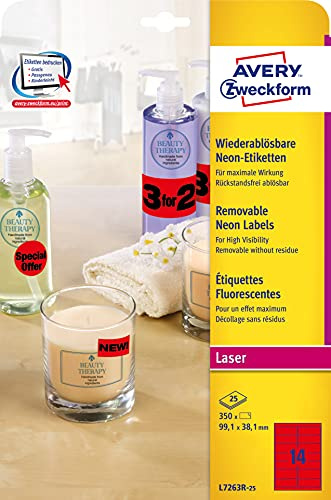 AVERY Zweckform L7263R-25 leuchtend neonrote Etiketten (350 Aufkleber, 99,1x38,1mm auf A4, selbstklebend, bedruckbar, wiederablösbar, farbige Klebeetiketten zum auffälligen Kennzeichnen) 25 Blatt