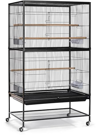 Prevue Pet Products Steel Bird Flight Cage with Wheels - Large Birdcage for Parakeets, Canaries, Finches, Cockatiels, Lovebirds, & Green Cheek, Metal Standing Birdcage - Black, Large