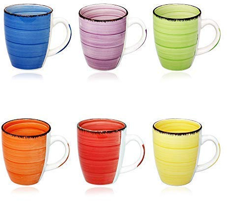 DRULINE 6er Set Kaffeetasse Kaffee Tee Milch Kakao Keramik Becher Tassen Pott Premium Porzellan Uni bunt Modernes Design ca. 350 ml in tollen Farben für Ihr liebstes Heißgetränk für Kaffee, Cappuccino und Latte Macchiato Bunt 45544 Tasse Geschenk für Arbeitskollegen Kollegin - Bürotasse Trinkbecher Becherset Mehrfarbig Kaffeebecher Teetassen Bunte Serie,(Ø x H)ca. 8,5 x 10 cm