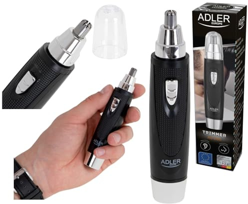 Adler AD 2911 Cortapelos Para Nariz y Orejas, Cuchillas de Acero Inoxidable, Afeitadora, sin Dolor, para Nariz, Oído y Vello Facial, Cabezal Extraíble, Pila, Negro