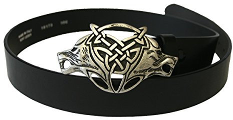 Dark Dreams Mittelalter Gothic Kelten schwarzer Gürtel Ledergürtel mit Gürtelschnalle keltische Wölfe altsilber, Länge:130