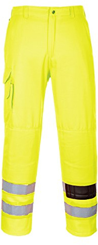 Portwest E046 Hi-Vis Stridsbyxor Hög Synlighet Elastisk Rygg Smutsavvisande | Gul, M, EN ISO 20471 Klass 1, UPF 50+, Normal Passform, 5 Fickor, Dubbel Linjeficka, Trippelsydd, Reflekterande, Polyester